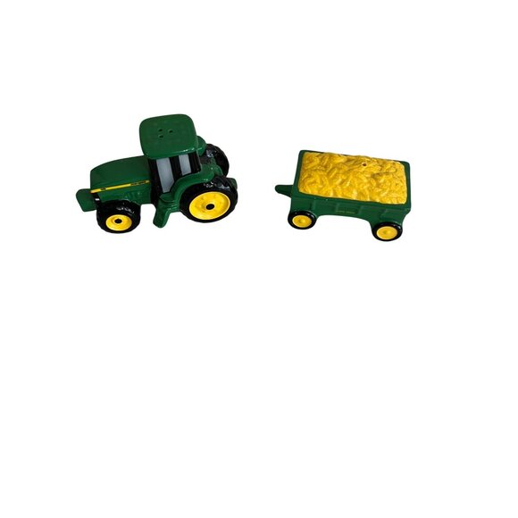 John Deere Tractor & Trailer Salt & Pepper Shakers 1998 Green & Yellow Ceramic F - Picture 8 of 8